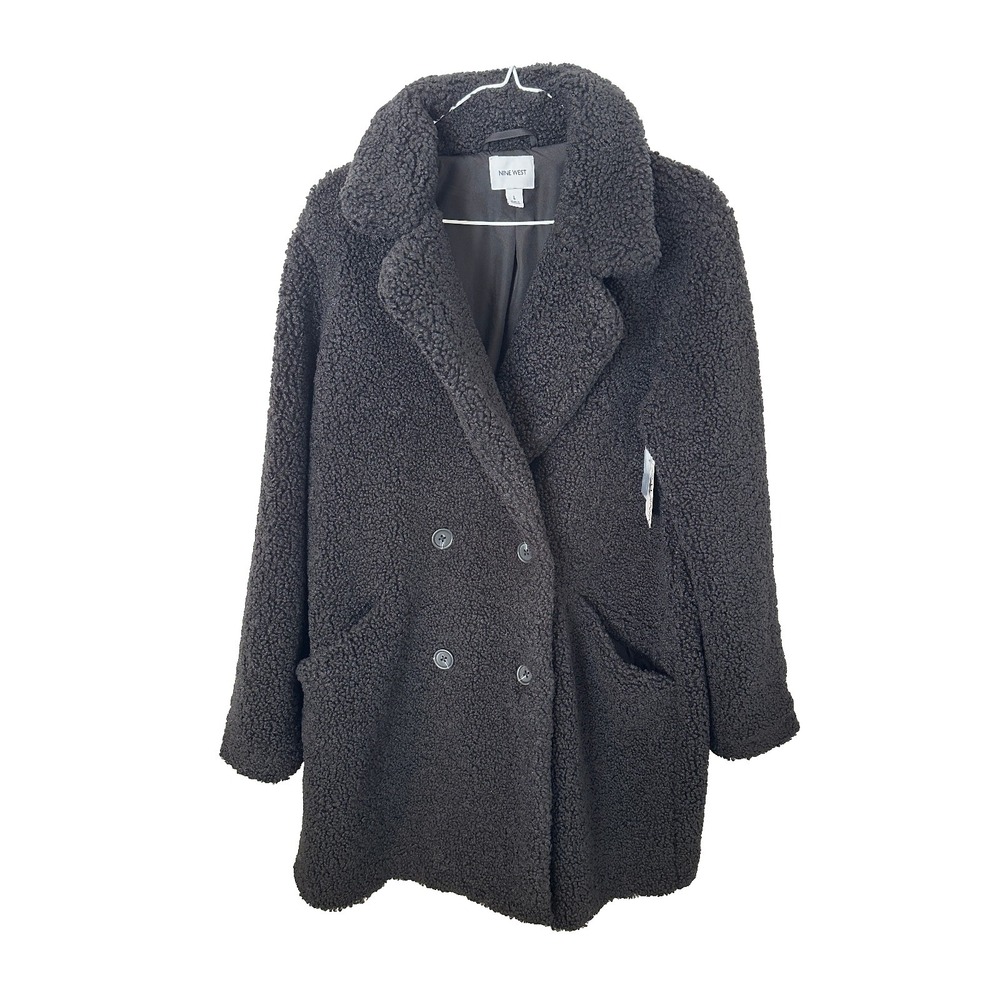 Nine West Teddy Coat Large Black Sherpa Double Breasted Oversized Jacket NWT